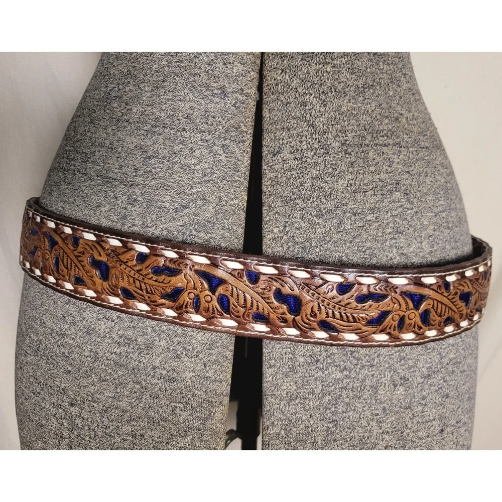 Vinatge‎ Texas Sterling Leather Belt Tooled Blue Inlay Buckle Eagle Western 36